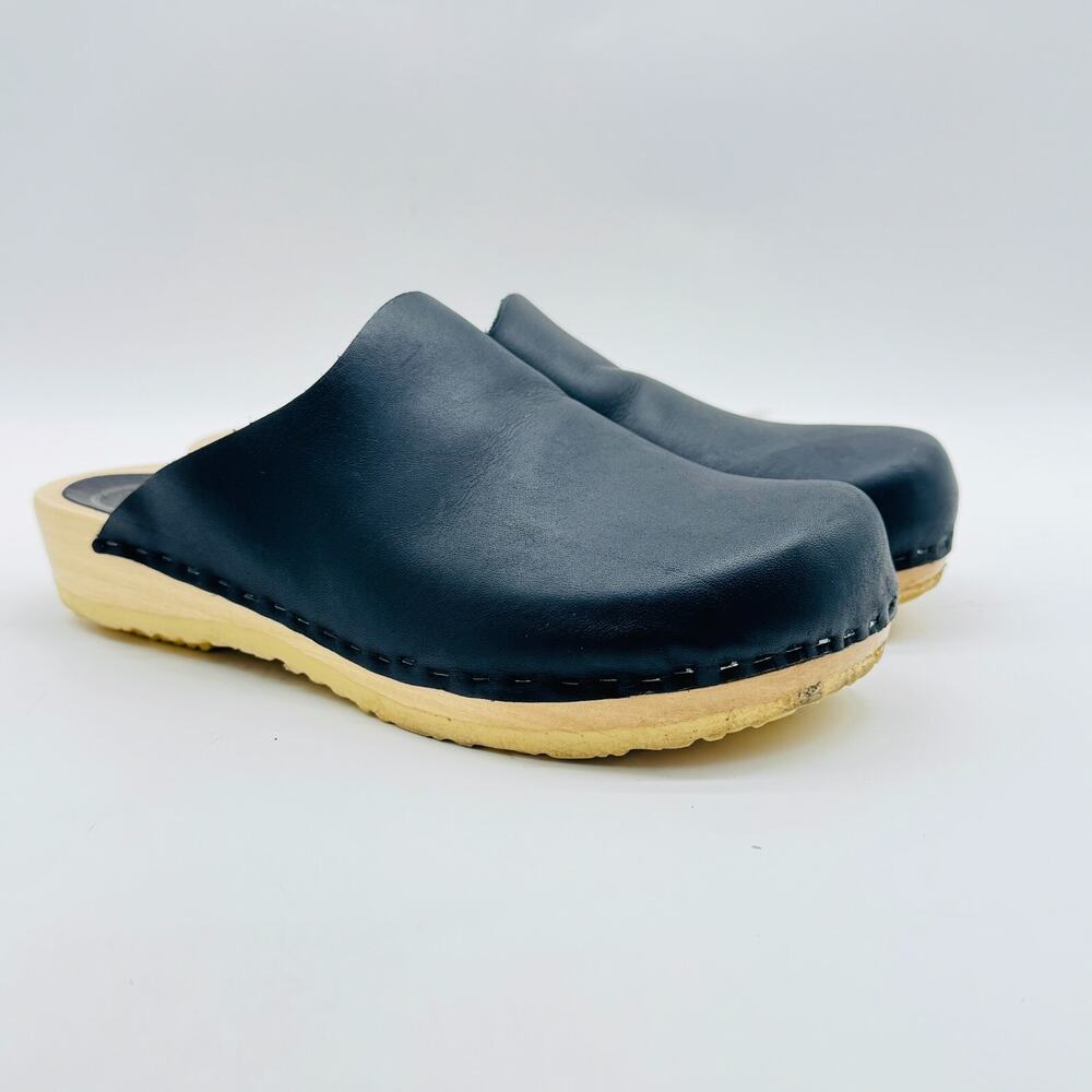 Dansko Black Leather Clogs with Natural Wood Sole